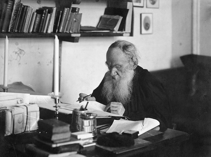 Leo Tolstoy at work in his office at home in Yasnaya Polyana